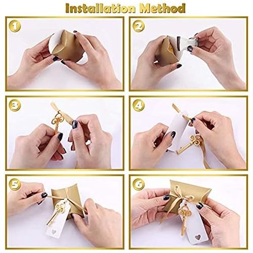  Brand: LucaSng LucaSng 50pcs Wedding Guest Favours Vintage Golden Key Bottle Opener Cushion Candy Boxes Gift Tags White Gold Ribbon