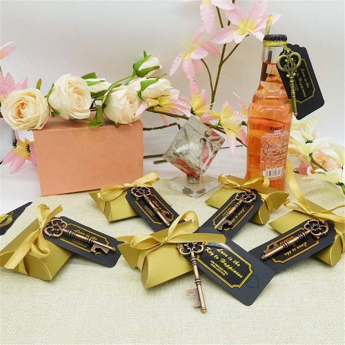  Brand: LucaSng LucaSng 50pcs Wedding Guest Favours Vintage Golden Key Bottle Opener Cushion Candy Boxes Gift Tags White Gold Ribbon