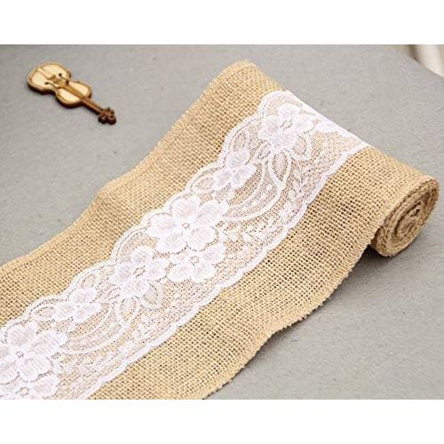  Brand: LucaSng LucaSng 5 Pieces Hessian Lace Chair Bows Sash 15 x 240 cm Chair Cover Bow Natural Hessian Rustic Shabby Chic Wedding