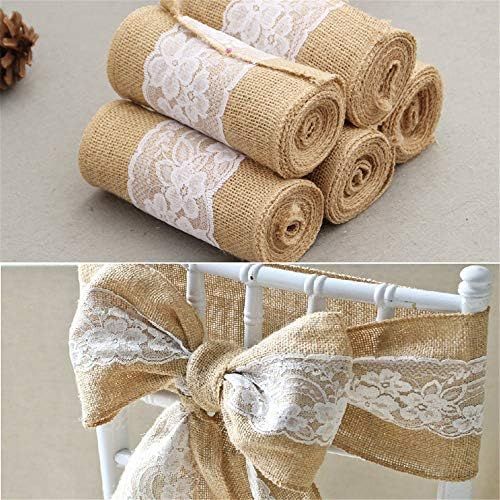  Brand: LucaSng LucaSng 5 Pieces Hessian Lace Chair Bows Sash 15 x 240 cm Chair Cover Bow Natural Hessian Rustic Shabby Chic Wedding