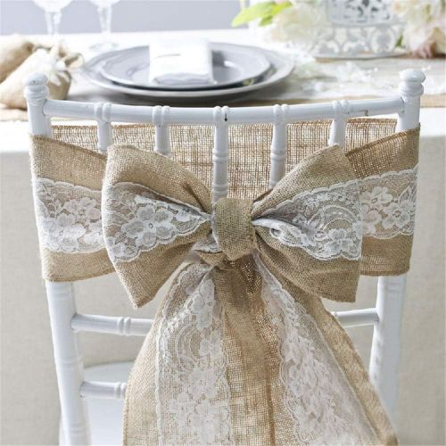  Brand: LucaSng LucaSng 5 Pieces Hessian Lace Chair Bows Sash 15 x 240 cm Chair Cover Bow Natural Hessian Rustic Shabby Chic Wedding