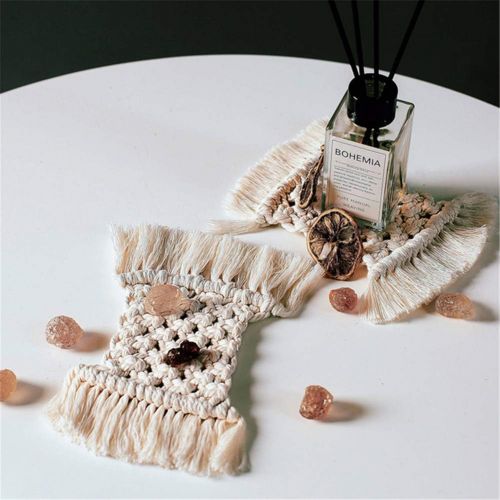  Brand: LucaSng LucaSng Set of 2 Macrame Glass Coasters with Tassel Cotton Rectangular Cup Coasters for Table and Bar Table Decoration Boho Style