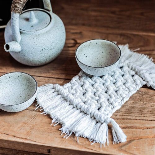  Brand: LucaSng LucaSng Set of 2 Macrame Glass Coasters with Tassel Cotton Rectangular Cup Coasters for Table and Bar Table Decoration Boho Style