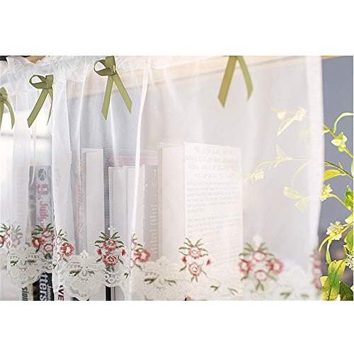  Brand: LucaSng LucaSng 1 Piece Voile Panel Curtain Short Curtain Embroidered Coffee Curtain Bistro Curtain White Flowers Kitchen Curtain, Green, 200 x 35 cm