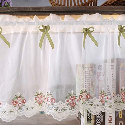  Brand: LucaSng LucaSng 1 Piece Voile Panel Curtain Short Curtain Embroidered Coffee Curtain Bistro Curtain White Flowers Kitchen Curtain, Green, 200 x 35 cm