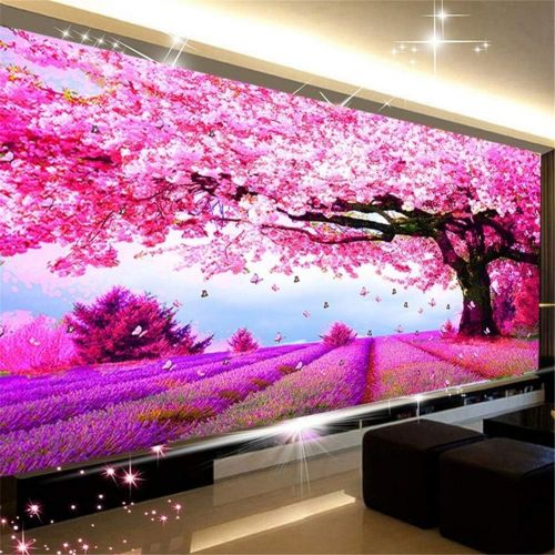  Brand: LucaSng LucaSng 5D Diamond Painting Cherry Tree Cherry Blossom Landscape Full Drill Diamond Painting Handmade Crystal Rhinestone Embroidery Wall Decoration, 120 x 50 cm