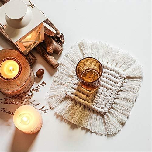  Brand: LucaSng LucaSng 4 Piece Handmade Macrame Coasters Set Cotton Boho Decoration Square Coasters with Tassel for Cups and Cups