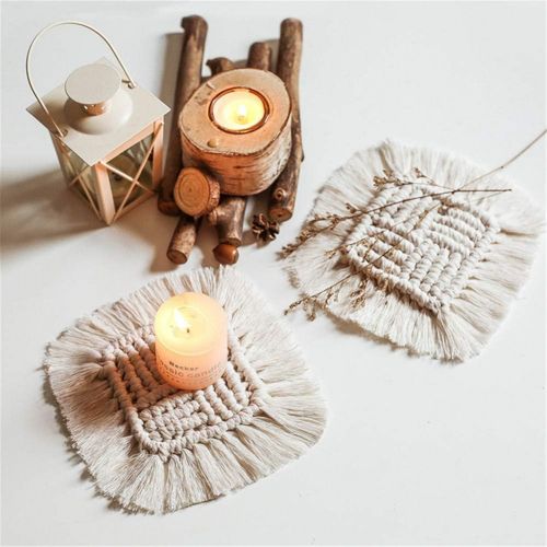  Brand: LucaSng LucaSng 4 Piece Handmade Macrame Coasters Set Cotton Boho Decoration Square Coasters with Tassel for Cups and Cups