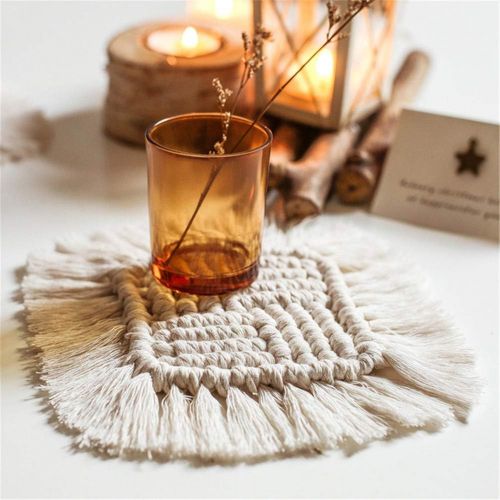  Brand: LucaSng LucaSng 4 Piece Handmade Macrame Coasters Set Cotton Boho Decoration Square Coasters with Tassel for Cups and Cups