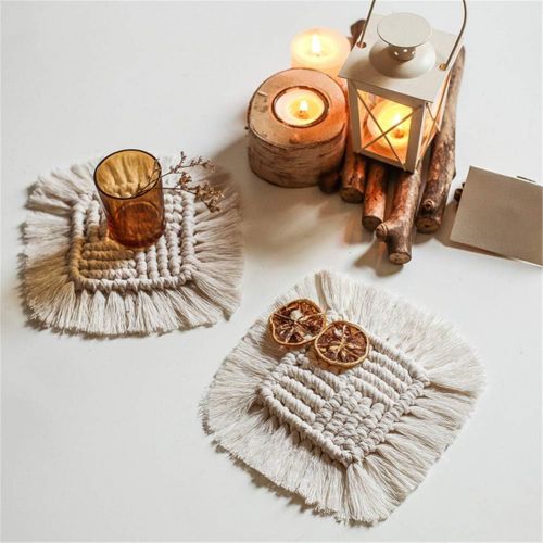  Brand: LucaSng LucaSng 4 Piece Handmade Macrame Coasters Set Cotton Boho Decoration Square Coasters with Tassel for Cups and Cups