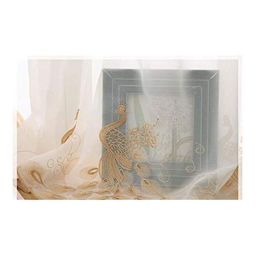  Brand: LucaSng LucaSng Set of 2 Peacock Embroidered Gauze Curtain Bistro Kitchen Curtain Panel, khaki, 100 x 120 cm