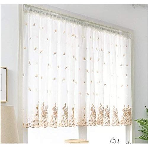  Brand: LucaSng LucaSng Set of 2 Peacock Embroidered Gauze Curtain Bistro Kitchen Curtain Panel, khaki, 100 x 120 cm