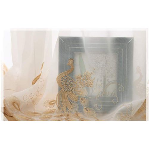  Brand: LucaSng LucaSng Set of 2 Peacock Embroidered Gauze Curtain Bistro Kitchen Curtain Panel, khaki, 100 x 120 cm