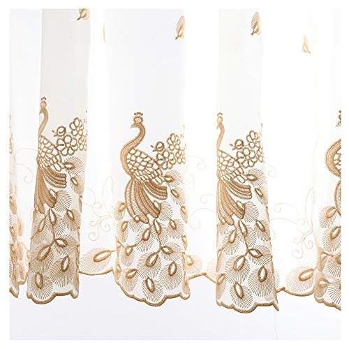  Brand: LucaSng LucaSng Set of 2 Peacock Embroidered Gauze Curtain Bistro Kitchen Curtain Panel, khaki, 100 x 120 cm