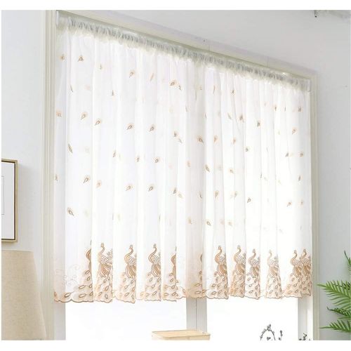  Brand: LucaSng LucaSng Set of 2 Peacock Embroidered Gauze Curtain Bistro Kitchen Curtain Panel, khaki, 100 x 120 cm