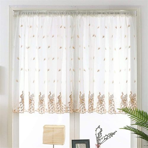  Brand: LucaSng LucaSng Set of 2 Peacock Embroidered Gauze Curtain Bistro Kitchen Curtain Panel, khaki, 100 x 120 cm