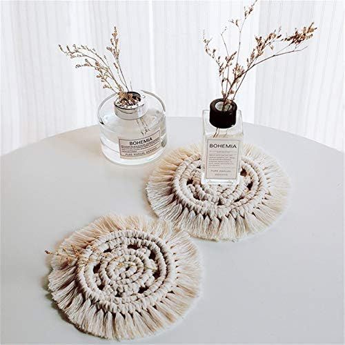  Brand: LucaSng LucaSng 4 Pcs Macrame Coasters Bohemian Table Decoration Hand Gown Macrame Coasters Cotton for Glass Cups Vase Candles