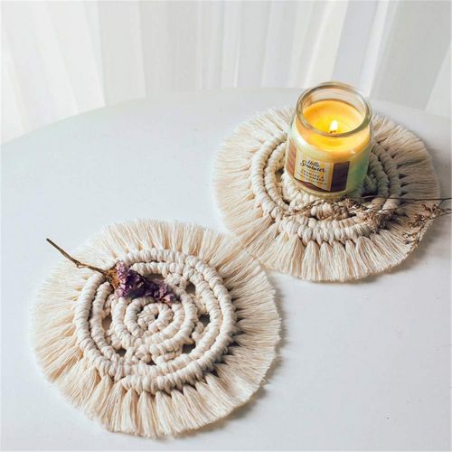  Brand: LucaSng LucaSng 4 Pcs Macrame Coasters Bohemian Table Decoration Hand Gown Macrame Coasters Cotton for Glass Cups Vase Candles