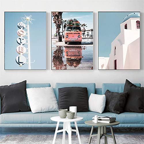  Brand: LucaSng LucaSng Set of 3 Design Poster Set Beach Sea Santorini Landscape Stylish Canvas Print Pictures without Frame Art Print Pictures for Living Room, Style B, 20 x 30 cm