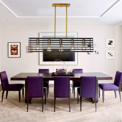  Lucidce 5 Lights Linear Pendant Lighting Brushed Brass Kitchen Island Contemporary Chandeliers Long Kitchen Light fixtures Semi Flush Mount Ceiling Lights with Convertible Metal Cage Shade