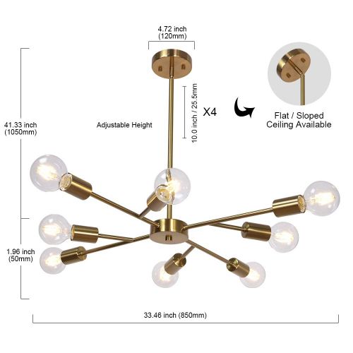  Lucidce Mid Century Modern Industrial Chandelier, 8 Light (Bulb not Including) Brushed Brass Finished Sputnik Chandelier Light Fixture for Dining Room Lighting Fixtures Hanging Ceiling Lig