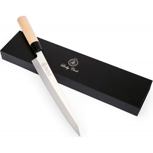  Lucky Cook Sashimi Sushi Knife 10 Inch - Perfect Knife For Cutting Sushi & Sashimi, Fish Filleting & Slicing - Very Sharp Stainless Steel Blade & Traditional Wooden Handle + Gift Box