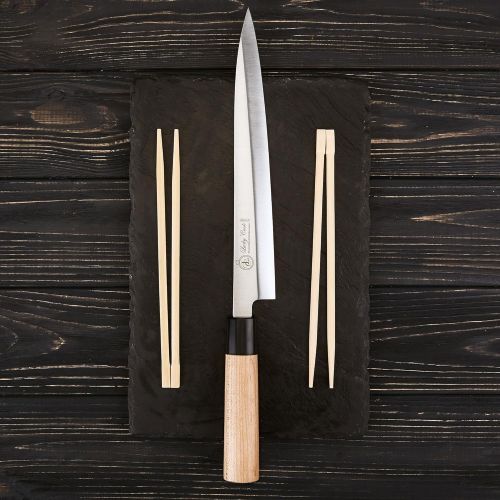  Lucky Cook Sashimi Sushi Knife 10 Inch - Perfect Knife For Cutting Sushi & Sashimi, Fish Filleting & Slicing - Very Sharp Stainless Steel Blade & Traditional Wooden Handle + Gift Box