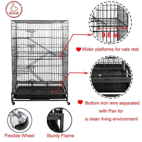  Lucky Tree Cat Cage Large Pet Crate Cats Playpen Sturdy Ladders, Wheels, Removable Leak-Proof Pan