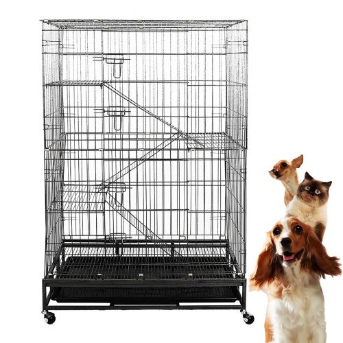  Lucky Tree Cat Cage Large Pet Crate Cats Playpen Sturdy Ladders, Wheels, Removable Leak-Proof Pan