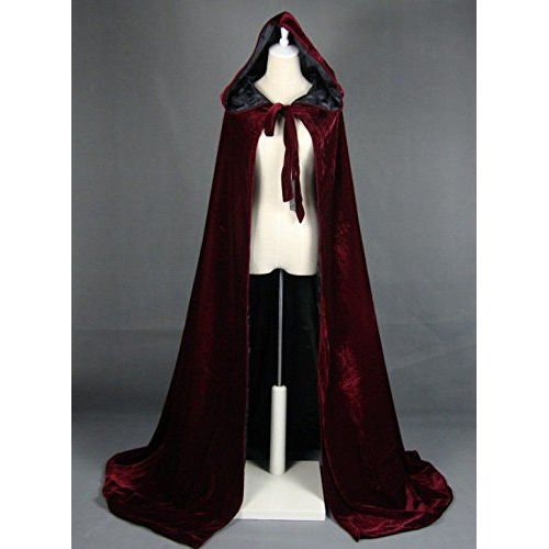  LuckyMjmy Velvet Renaissance Medieval Cloak lined with Satin (Medium, Wine red-Black)