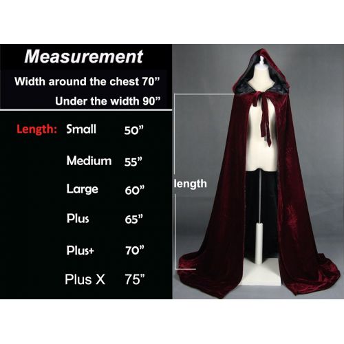  LuckyMjmy Velvet Renaissance Medieval Cloak lined with Satin (Medium, Wine red-Black)