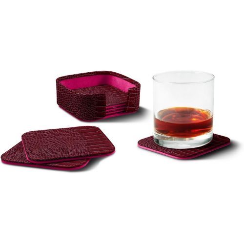  Lucrin - Set of 6 square coasters - Fuchsia - Crocodile style calfskin