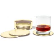 Lucrin - Set of 6 Round Real Leather Coasters with Coaster Holder - Silver - Metallic Leather