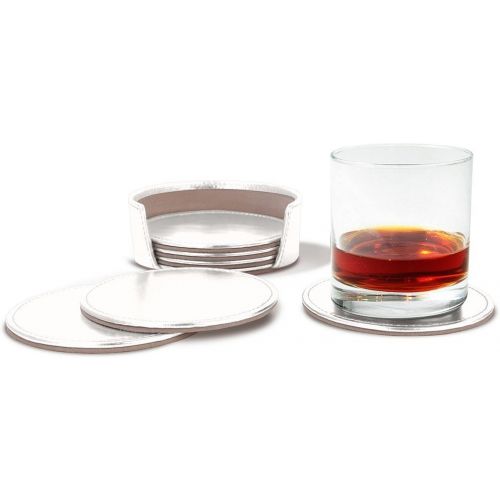  Lucrin - Set of 6 Round Real Leather Coasters with Coaster Holder - Silver - Metallic Leather