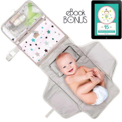  Ludivy Portable Diaper Changing Pad with Pockets | Baby Changing Mat Station for Girls and Boys | On The Go Waterproof Changing Kit with Padded Head Cushion | Multi-use Cotton Wipe Includ