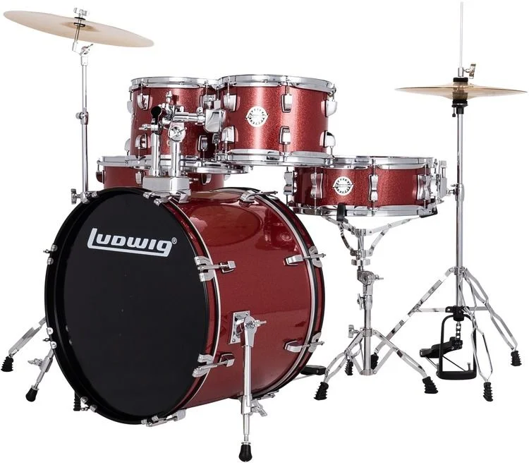  Ludwig Accent 5-piece Complete Drum Set with 20 inch Bass Drum and Wuhan Cymbals - Red Sparkle