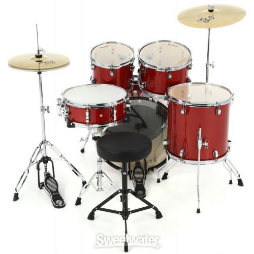  Ludwig Accent 5-piece Complete Drum Set with 20 inch Bass Drum and Wuhan Cymbals - Red Sparkle