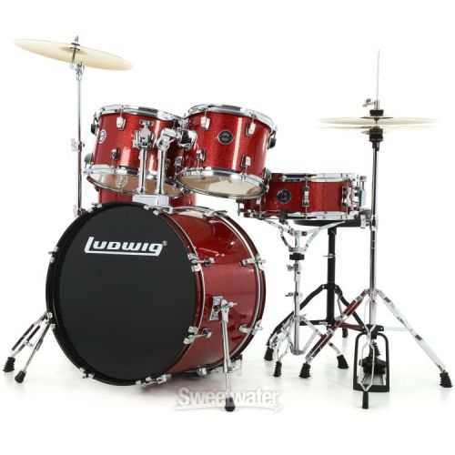  Ludwig Accent 5-piece Complete Drum Set with 20 inch Bass Drum and Wuhan Cymbals - Red Sparkle