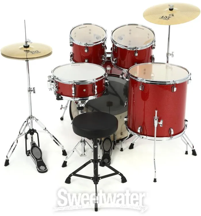  Ludwig Accent 5-piece Complete Drum Set with 22 inch Bass Drum and Wuhan Cymbals - Red Sparkle Demo