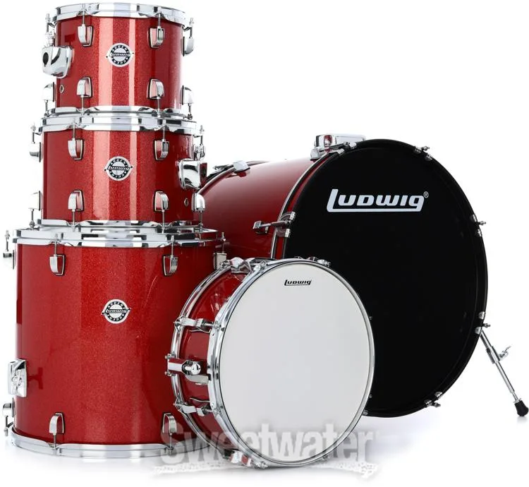  Ludwig Accent 5-piece Complete Drum Set with 22 inch Bass Drum and Wuhan Cymbals - Red Sparkle Demo