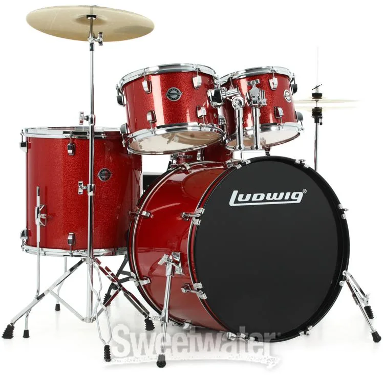  Ludwig Accent 5-piece Complete Drum Set with 22 inch Bass Drum and Wuhan Cymbals - Red Sparkle Demo