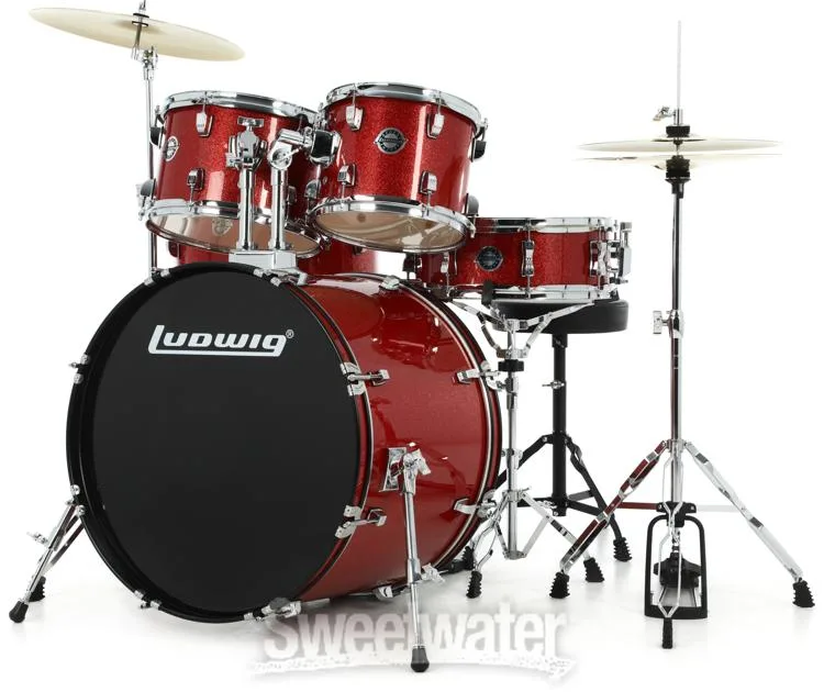  Ludwig Accent 5-piece Complete Drum Set with 22 inch Bass Drum and Wuhan Cymbals - Red Sparkle Demo