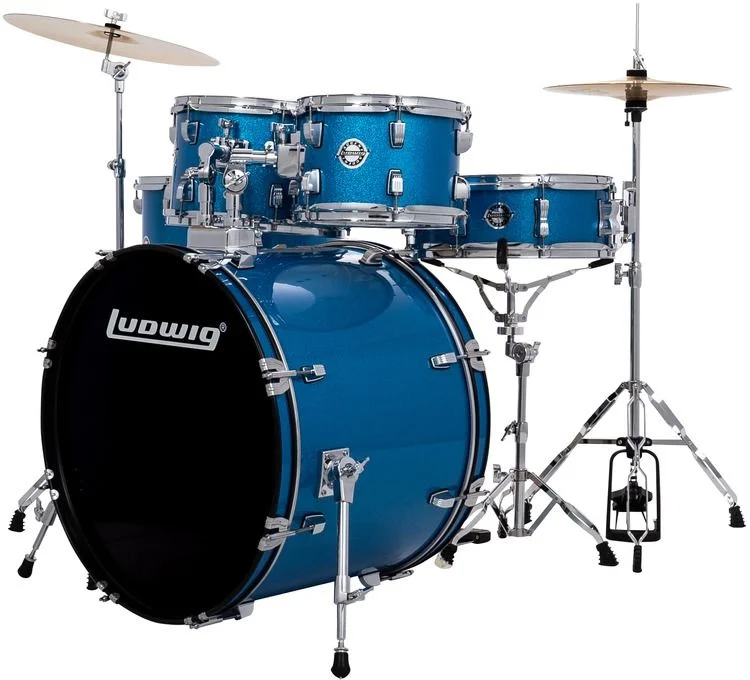  Ludwig Accent 5-piece Complete Drum Set with 22 inch Bass Drum and Wuhan Cymbals - Blue Sparkle