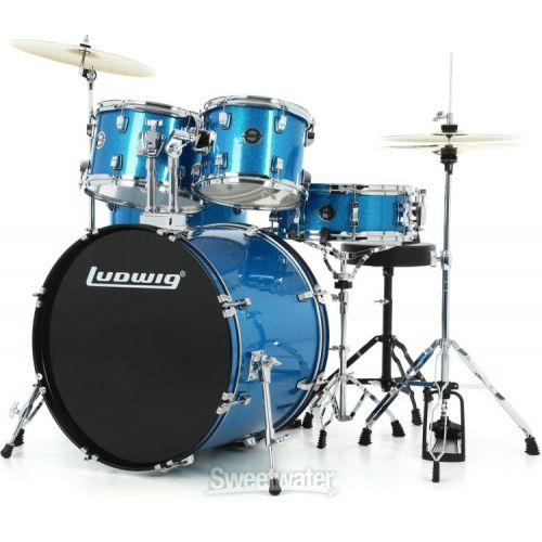  Ludwig Accent 5-piece Complete Drum Set with 22 inch Bass Drum and Wuhan Cymbals - Blue Sparkle