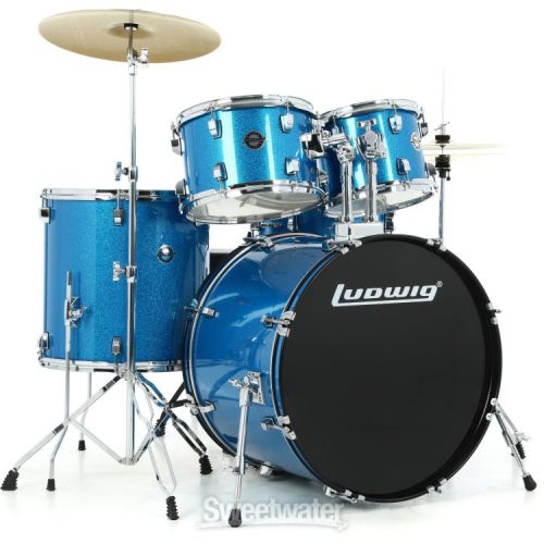  Ludwig Accent 5-piece Complete Drum Set with 22 inch Bass Drum and Wuhan Cymbals - Blue Sparkle