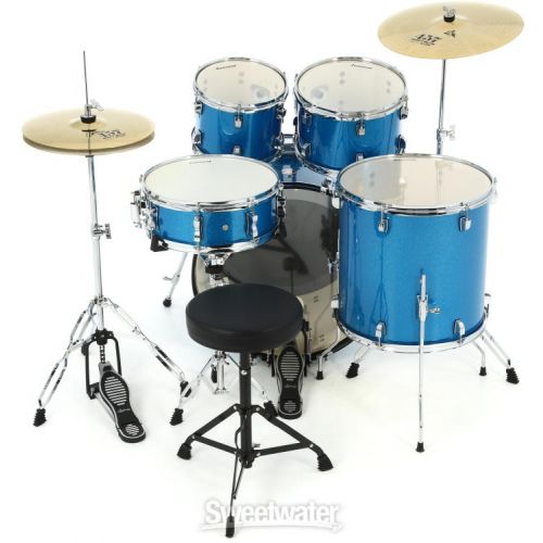  Ludwig Accent 5-piece Complete Drum Set with 22 inch Bass Drum and Wuhan Cymbals - Blue Sparkle