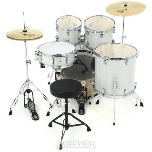  Ludwig Accent 5-piece Complete Drum Set with 22 inch Bass Drum and Wuhan Cymbals - Silver Sparkle