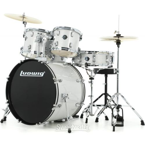  Ludwig Accent 5-piece Complete Drum Set with 22 inch Bass Drum and Wuhan Cymbals - Silver Sparkle