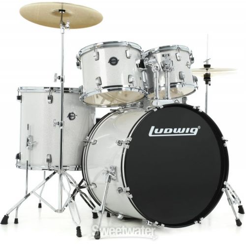  Ludwig Accent 5-piece Complete Drum Set with 22 inch Bass Drum and Wuhan Cymbals - Silver Sparkle