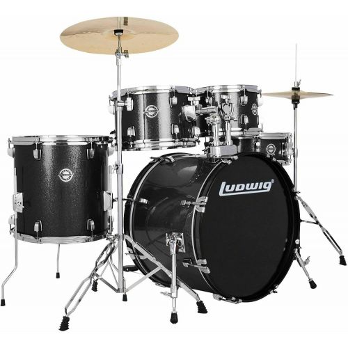  Ludwig Accent Drive Series LC175 Complete Drum Package with Cymbals, Hardware, Drum Throne, Chain-drive Pedal and Sticks (Black bundle)